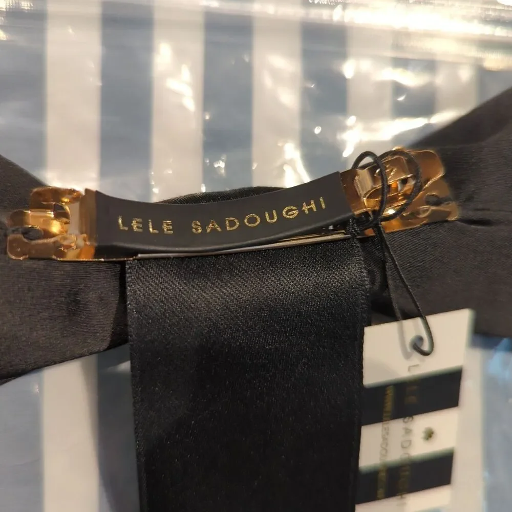 LELE SADOUGHI Jet Jane Bow Barrette Hair Clip Black Ribbon Gold Hardware Satin